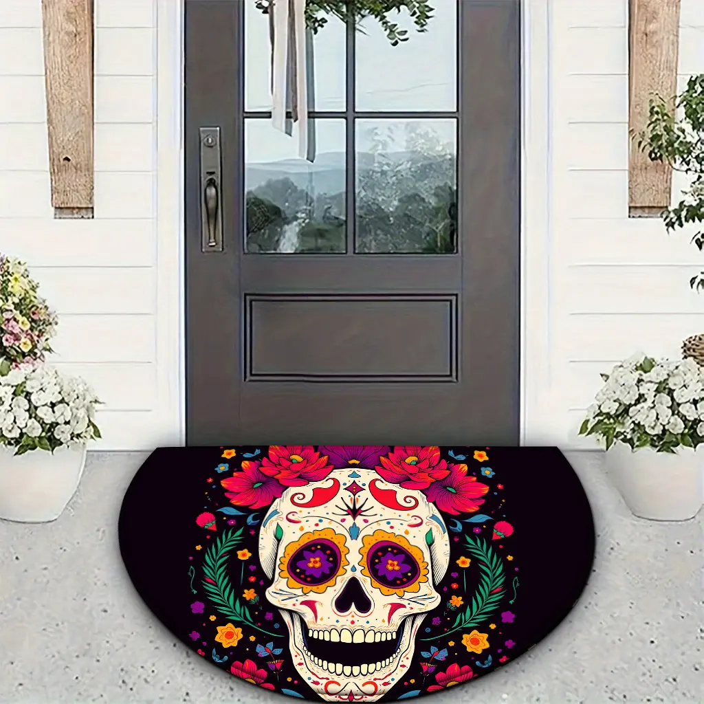 Mexican Day of the Dead skull print doormat, outdoor rug at entrance, machine washable, foldable, suitable for bathroom, kitchen, living room, bedroom or outdoor use, home decoration