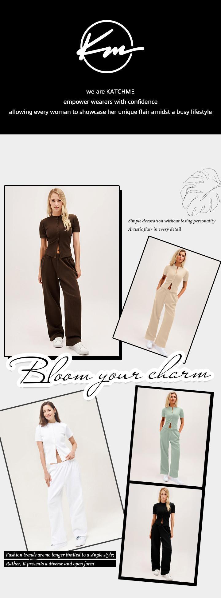 KatchMe Women's Casual Solid Color Button-Up Short Sleeve Top & Wide Leg Trousers Co-ord, Comfy Basic Two Piece Outfits, Comfortable Womenswear