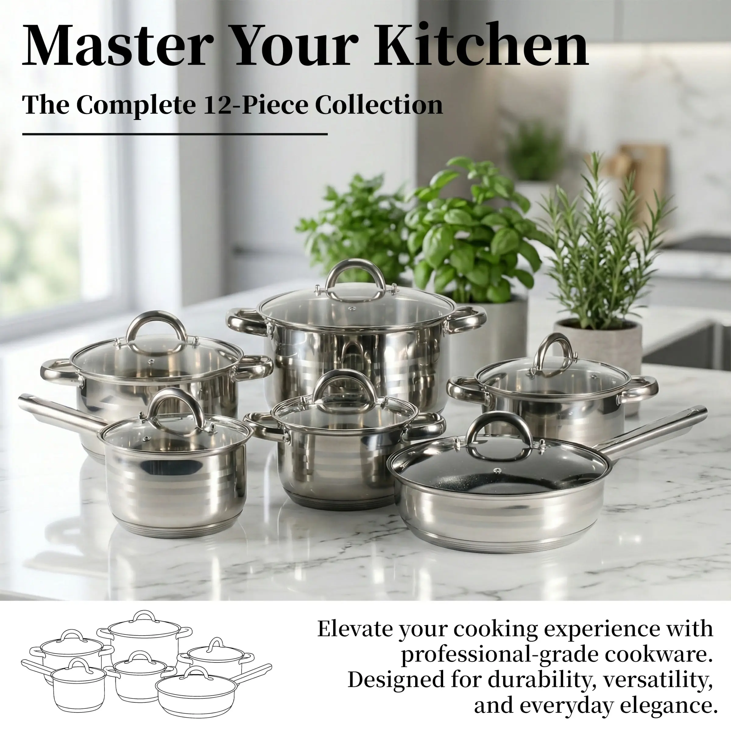 12pcs Stainless Steel Multi-Functional Cooking Set, Thick Bottom Pots, Soup Pot, Stew Pot, Fry Pan, Kitchenware, Outdoor Gear, Gift
