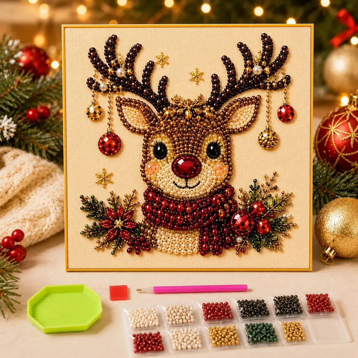 Frameless 3D Pearl Beaded Diamond Painting Kit, Christmas Wreath & Stocking Mosaic Art, Stress Relief DIY Handicraft, Festive Home Wall Decor Gift