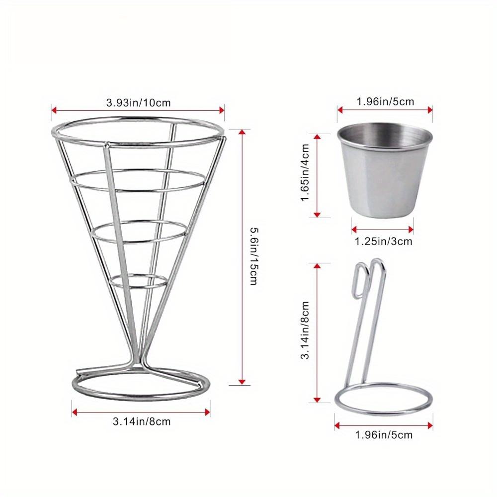 For Kitchen, Restaurant, Picnic & Parties, French Fries & Dessert Serving Solution, 4 Pcs Stainless Steel French Fry Holders with Sauce Cups, Elegant Line Design, Effortlessly Create Exquisite Dining Experience, Party Tableware Supplies