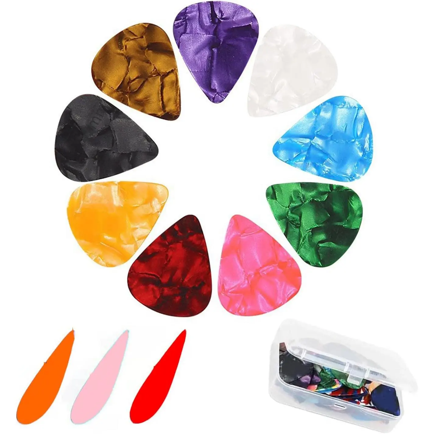 Unisex Celluloid Guitar Picks Set (24pcs) - Thin-Medium-Hvy Thickness, Acoustic/Bass Compatibility, Organizer Box for Acoustic/Electric Guitars, Ukuleles & Bass Players