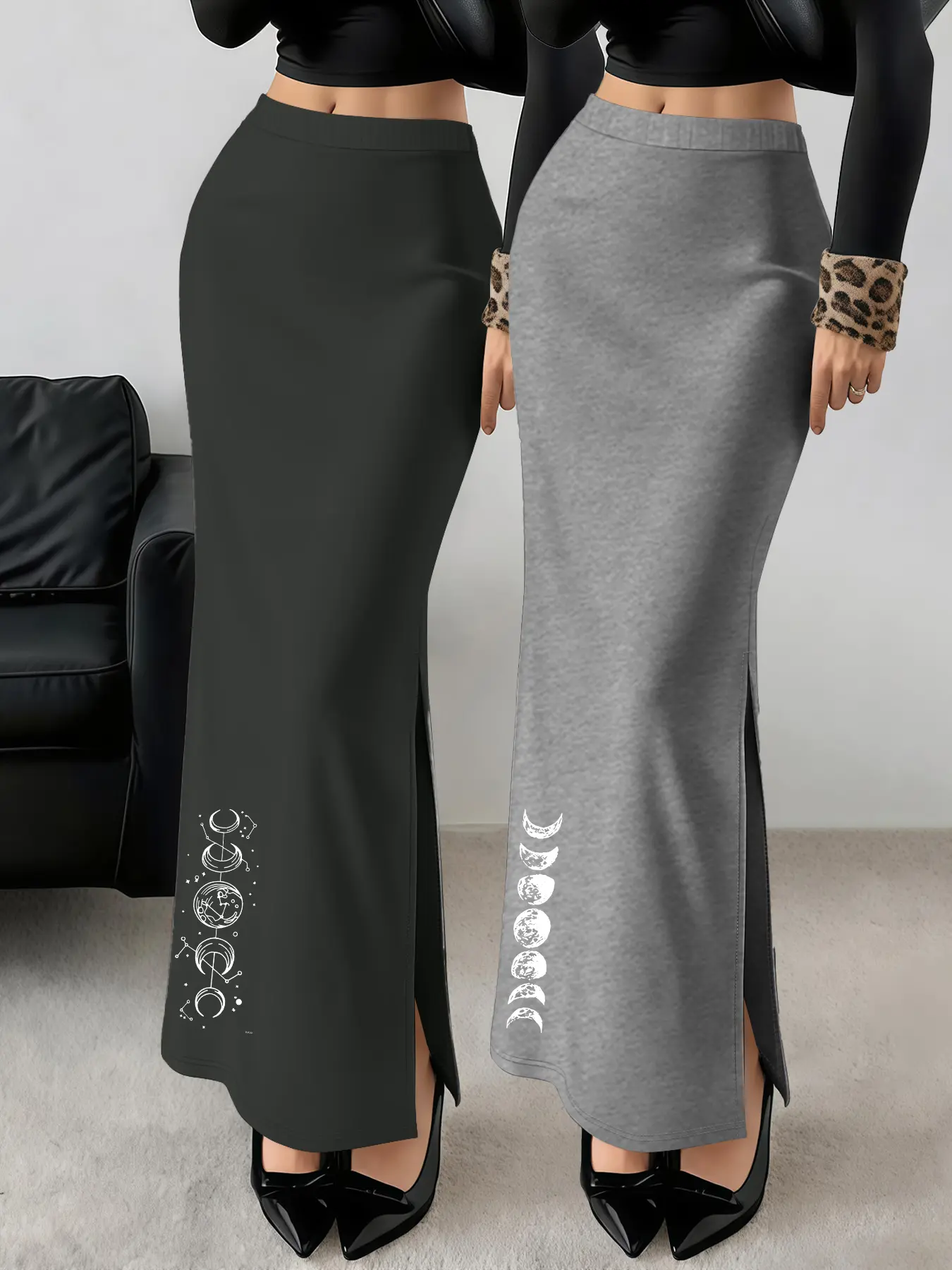 2-pack vintage star and moon astronomical compass pattern   moon phase change casual women's midi skirt; minimalist slit design; elastic waist midi