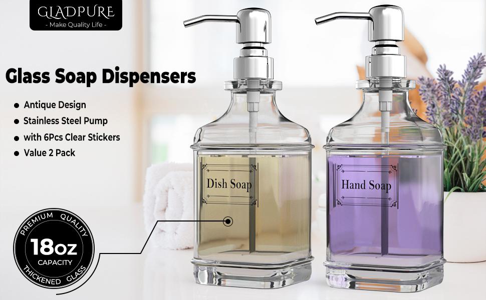 Soap Dispenser - 2 Pack, 18 Oz Antique Design Thick Glass Hand Soap Dispensers; with 304 Rust Proof Stainless Steel Pump, 6Pcs Clear Stickers, for Kitchen, Bathroom - Silver Soap Dispenser - 2 Pack, 18 Oz Antique Design Thick Glass Hand Soap Dispensers; with 304 Rust Proof Stainless Steel Pump, 6Pcs Clear Stickers, for Kitchen, Bathroom - Silver