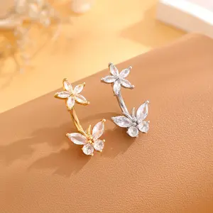 A five-pointed butterfly copper inlaid with horse's eye Synthetic Zirconia ladies stainless steel rod perforated belly ring jewelry