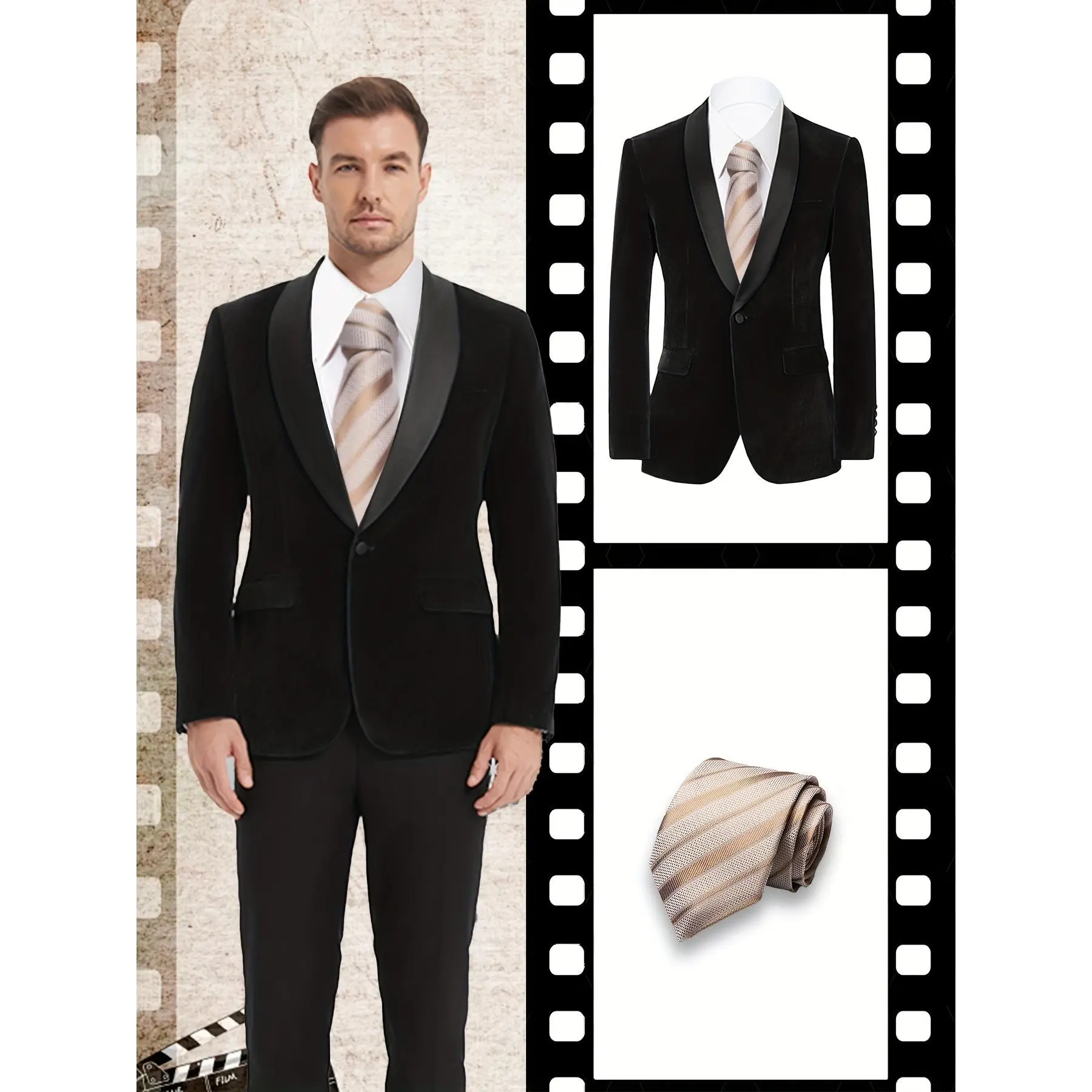 Elegant One‑Button Velvet Tuxedo | 2‑Piece Pack (Blazer + Tie) for Prom & Formal Dinners