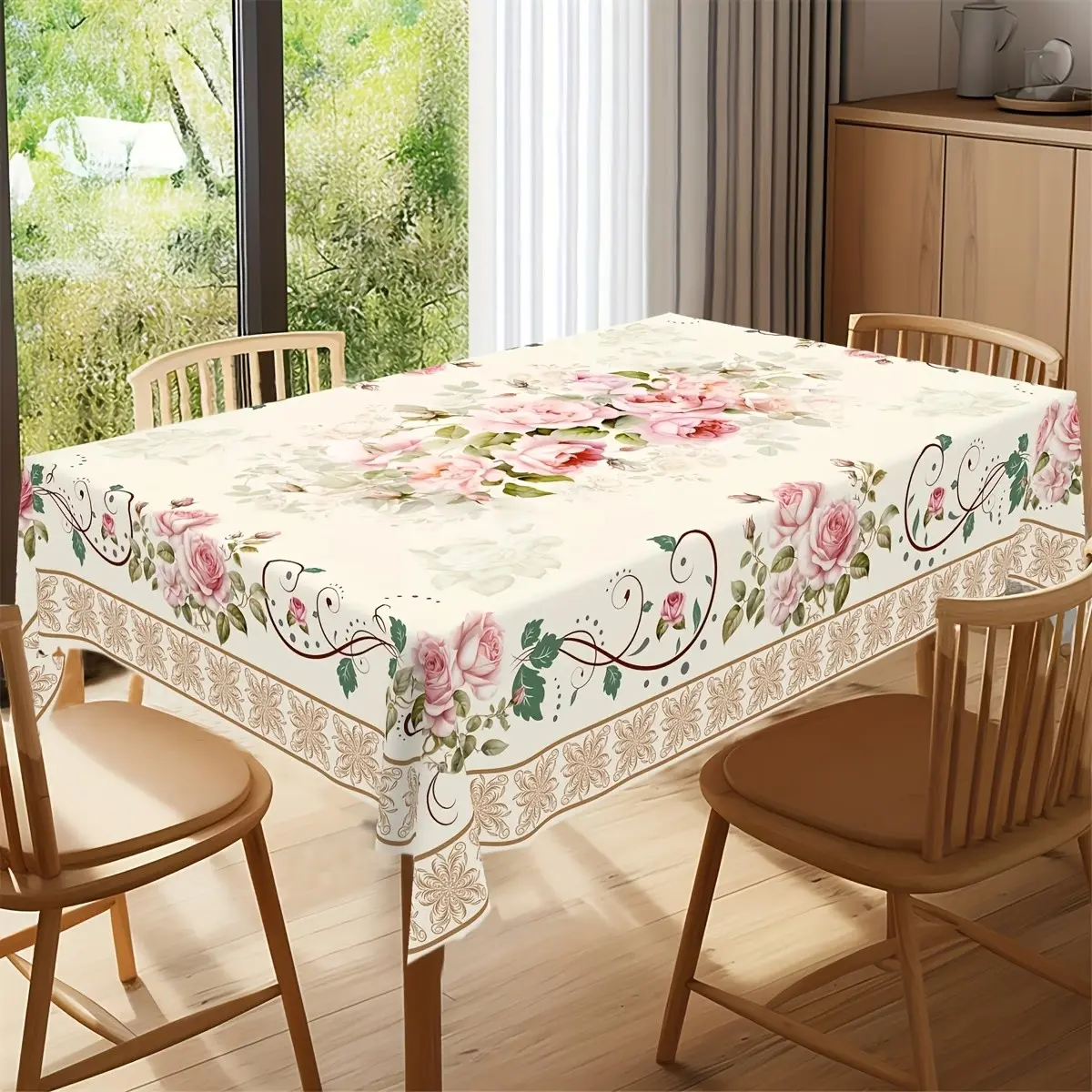 Romantic Vintage Rose Design Rectangular Tablecloth, French Elegant Floral Print, Kitchen Table Protector, Indoor Outdoor Use, Home Decor