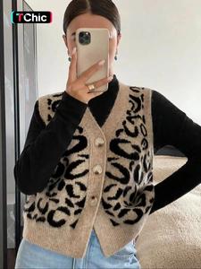 women's leopard print sweater vest, casual fashion sleeveless knitwear for daily wear, ladies clothes for all seasons, tops, clothes for women