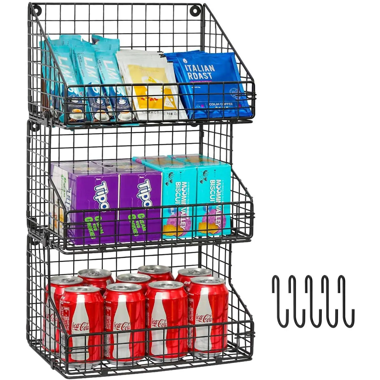 3-Tier Stackable Detachable Snack Organizer (Large Size), Countertop Display/Wall Mounted Shelf with 5 Hooks Wire Basket Snack Shelf for Office Cabinets, Kitchen, Pantry, 11.8x7.8x22 Inch