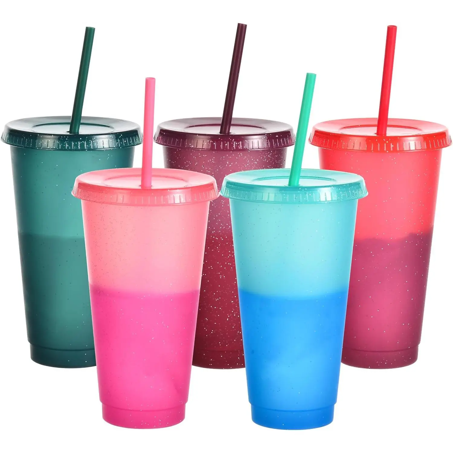 Color Changing Cups, Bulk Tumblers with  and Straws, 5 Pack of  Plastic Cups,  & Adult Friendly, 24oz Smoothie Travel Cup (Rainbow, 5 Packs)