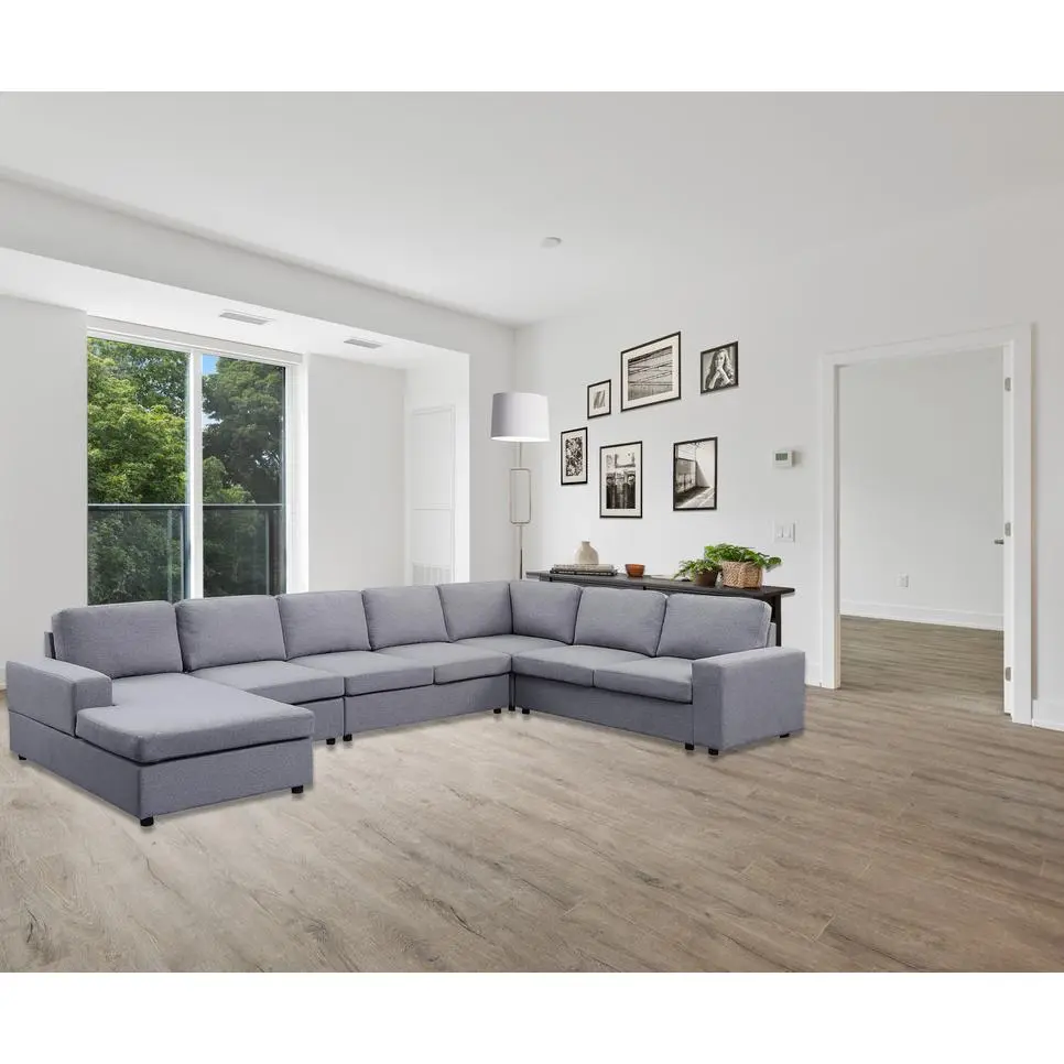 Nokaa Modular Sectional Sofa 7-Seat Reversible L-Shape Couch with Chaise, Light Gray Linen Fabric, Pocket Coil Springs, Foam Filled Seats, 146.5"W x 94"D, Living Room Furniture, European Style, 1.5" Legs, 18" Seat Height
