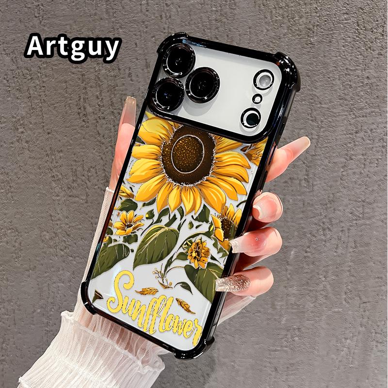 Compatible with iPhone 17 Pro Max 16 15 Plus Air 14 13 12 11 E Phone Case Sunflower Field Four-Corner Drop-Resistant Electroplated Transparent TPU Soft Protective Cover Gift
