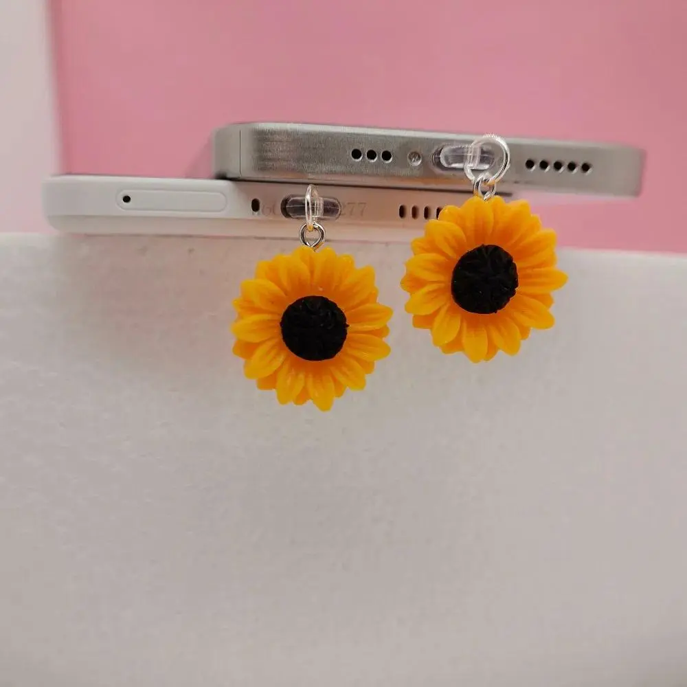 3pcs Cute Sunflower Floral Charm Accessories, Handmade Dust Plug Set for iPhone & Type-C Devices, Leisure Outdoor Sports Dustproof Port Decor