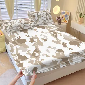 Neutral Beige White Camo Fitted Sheet Set, 1 Fitted Sheet + 2 Pillowcases, Deep Pocket Non-Slip Mattress Protector, Soft Breathable All Season Bedding, Minimalist Light Camouflage Print For Modern Bedroom Decor