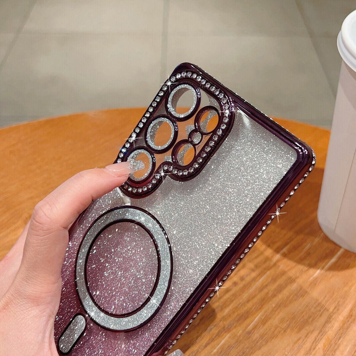 OREKROY Magnetic Glitter Case for Samsung Galaxy S25 Ultra Plus S24 23 [Compatible with MagSafe] Military-Grade Protection, Clear Cute Glitter Bling Cover Sparkle Diamond Camera Protector Cover for Women Girls, Purple