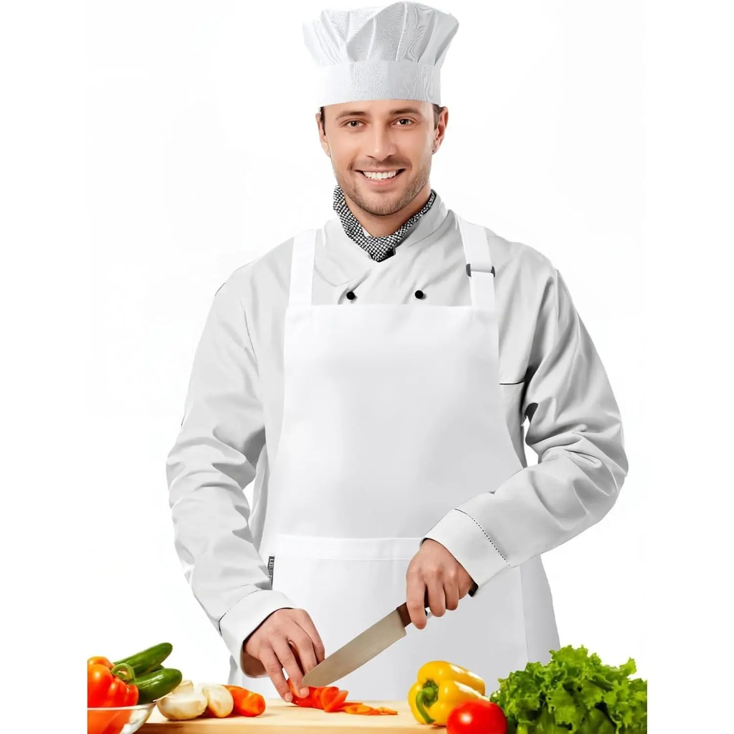 Durable Chef Hat and Apron Set, Bib Apron with 2 Pockets & Matching Hat, Perfect Chef Costume for Men and Women, White Chef Coat