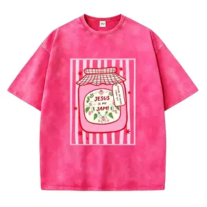100% Cotton Washed Pink "Jesus Is My Jam" Christian Graphic T-Shirt, Retro Vintage Distressed Oversized Crew Neck Tee, Funny Religious Strawberry Jam Jar Shirt, Casual Faith-Based Aesthetic Top, Unisex Men Women S-5XL, Loose Fit Baggy Style