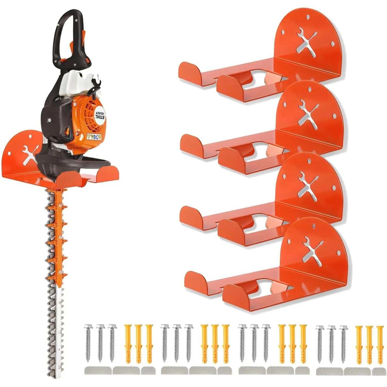 Upgraded Trimmer Rack Wall Mount - 8" Heavy Duty Weed Eater Hanger for Garage Wall, Garden Power Tool Holder Organizer Hooks for Grass Trimmer, Hedge Trimmer, Leaf Blower and , Orange, 4 Pack
