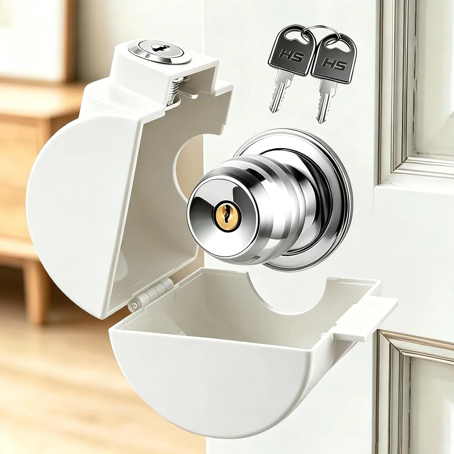 Keyed Child Safety Door Knob Lock,ABS Childproof Doorknob Cover,Fit for Standard Round Door Knob, Tool-Free Easy Installation for Home Bedroom,1 Pack White
