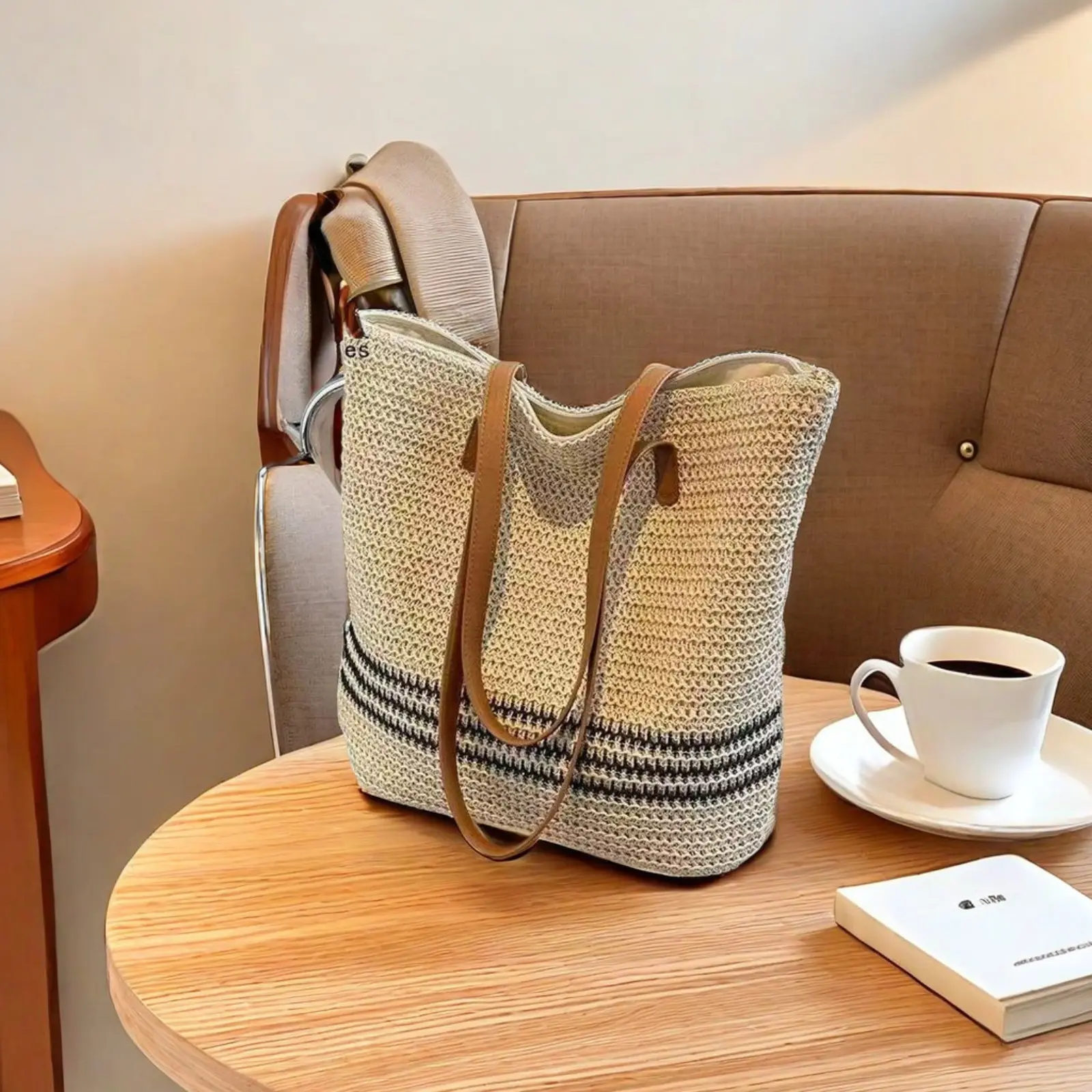 Striped Straw Tote Bag for Women, Large Casual Woven Shoulder Purse with Leather Straps for a Summer Beach Vacation, Plain, Straw/Bamboo, Beachy Ocean Style Women's Tote Bags, Double Handle, Fashionable Bags