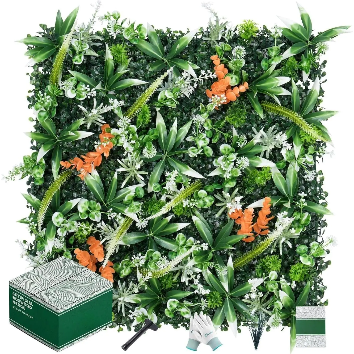 20"X20" Artificial Boxwood Panels, 8 count Grass Wall Hedge Panels UV-Protected Greenery  Hedge Screen, Grass Backdrop Wall for Indoor Outdoor Patio Balcony, Party Garden Fence Decor