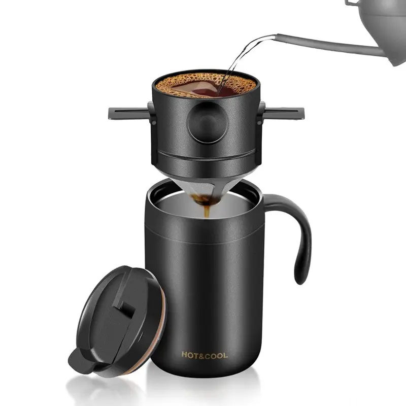 Stainless Steel Insulated Coffee Pot Set, Foldable Filter, Reusable Stainless Steel Mesh, Portable Water Bottle, Camping, Travel, Office Use