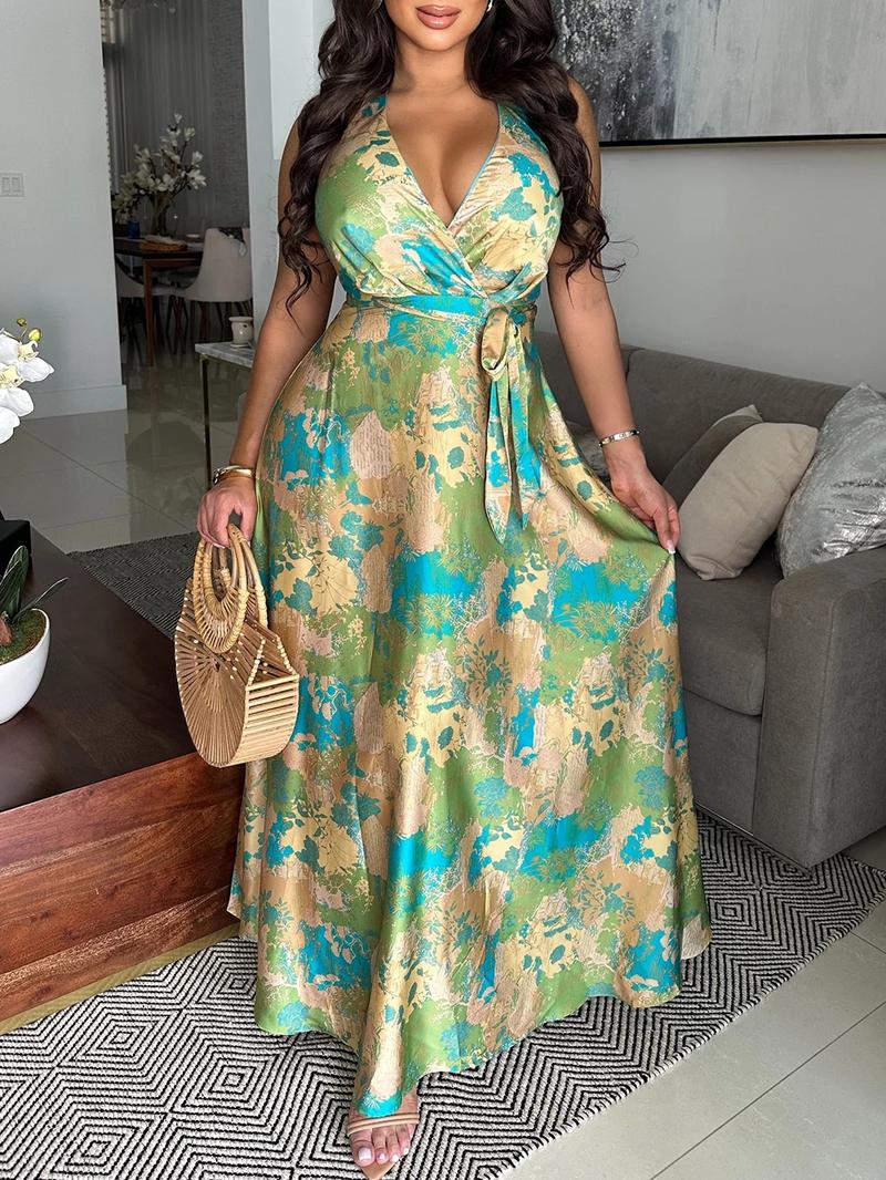 Women's All Over Print Halter Dress, Casual Boho Bohemian Sleeveless Backless Long Dress for Summer, Women's Clothing for Beach Holiday