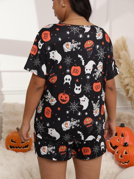 【Plus Size】Halloween Skull Ghost and Pumpkin Print Tee & Elastic Waist Shorts Pyjama Two-piece Set, Casual Comfy Round Neck Short Sleeve T-shirt & Shorts Pj Set, Women's Sleepwear for Fall