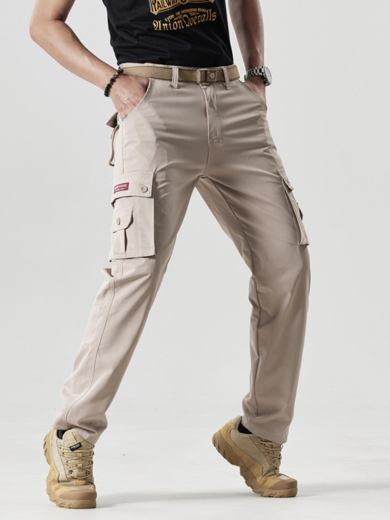 Men's Solid Color Patched Zipper Fly Cargo Pants, Regular Fit Casual Button Multi-pocket Straight Leg Trousers for Wear, Trendy Style Pants for Men, Menswear, Casual Streetwear Trousers, Casual Fit Bottoms, Casual Minimalist Trousers, Casual Slant Pocket
