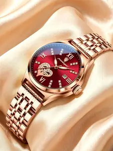 Women Watch Rose Gold Stainless Steel Band Red Dial Hollow Heart Owl Movement Diamond Roman Numerals Calendar Luminous Waterproof Ladies Quartz Wristwatch Luxury Elegant Gift for Girlfriend Valentine Daily Business Casual Wear