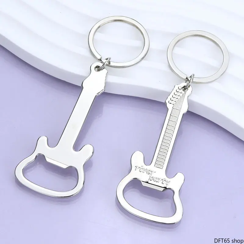 Solid Alloy Guitar-Shaped Dual-Function Bottle Opener Pendant Keychain, Smooth Polished Surface, Fixed Metal Split Key Ring, Compact Light Silhouette, Unisex Bar/Car Key/Handbag Accessory, Music-Themed Practical Decorative Souvenir Bag Charm, Keychains