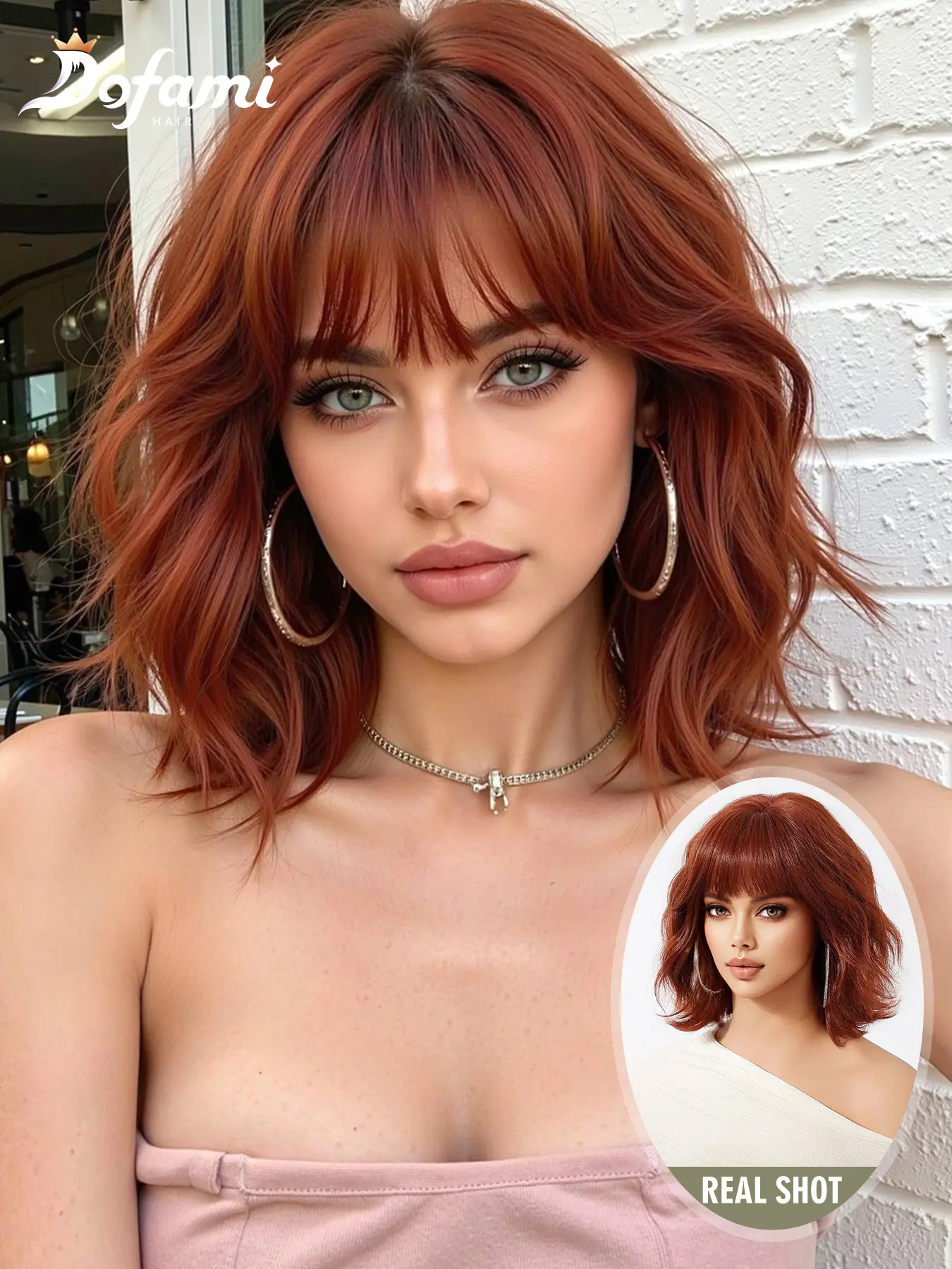 Warm Copper Micro Curl Lockbone Wig, Airy Bangs Layered Waves, Real Shot, Enhances Skin Tone, Versatile Hairstyle for Daily Use