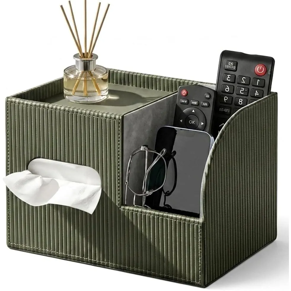 PU Leather Tissue Box Cover with Storage Tray, Cube Facial Tissue Holder| Multifunctional Remote Control Holder, Modern Tissue Dispenser Organizer for Nightstand, Bathroom, Bedroom, Office Home Decor