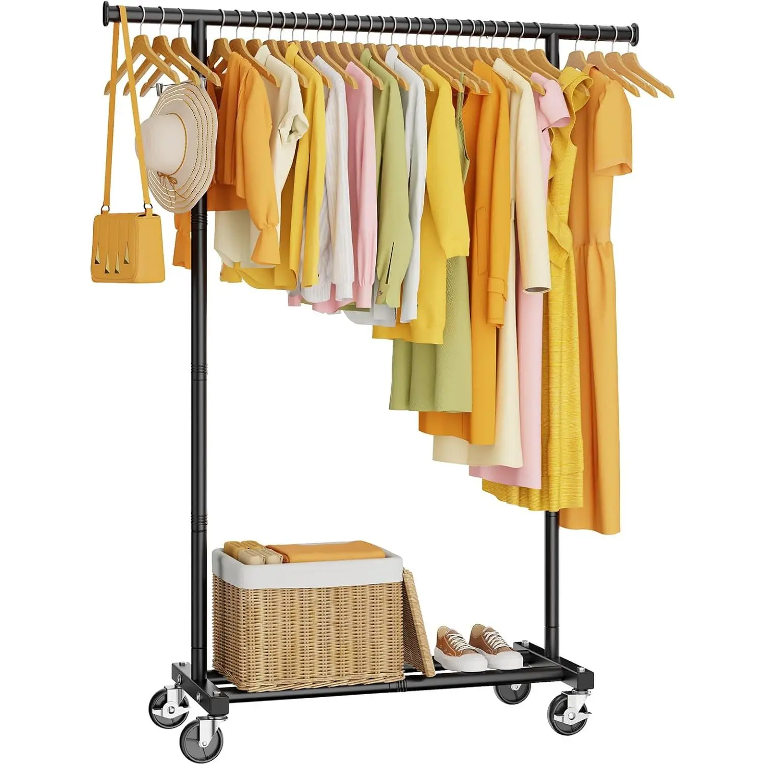 HYSEYY Clothes Rack, Clothing Rack for Hanging Clothes, Rolling Garment Rack Sturdy Coat Rack Portable Wardrobe Rack Metal Closet Rack for Bedroom Laundry Living Room, Black