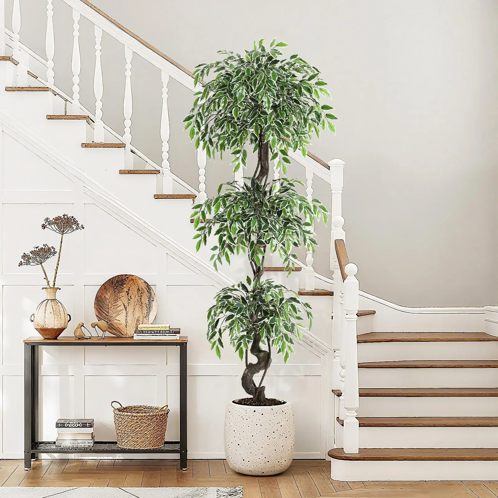 GARVEE 6 ft Ceramic Decorative Artificial Ficus Tree with Leaf & Moss, Indoor Home Decor Plant, Pot