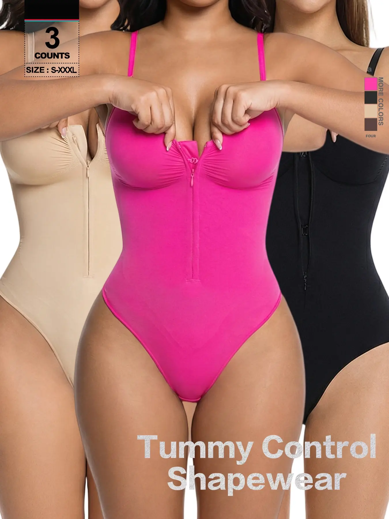 Women Front Zipper Spaghetti Strap Bodysuit, Seamless Tummy Control, Slim Fit Bust Support, Casual H-Type Romper, All Seasons