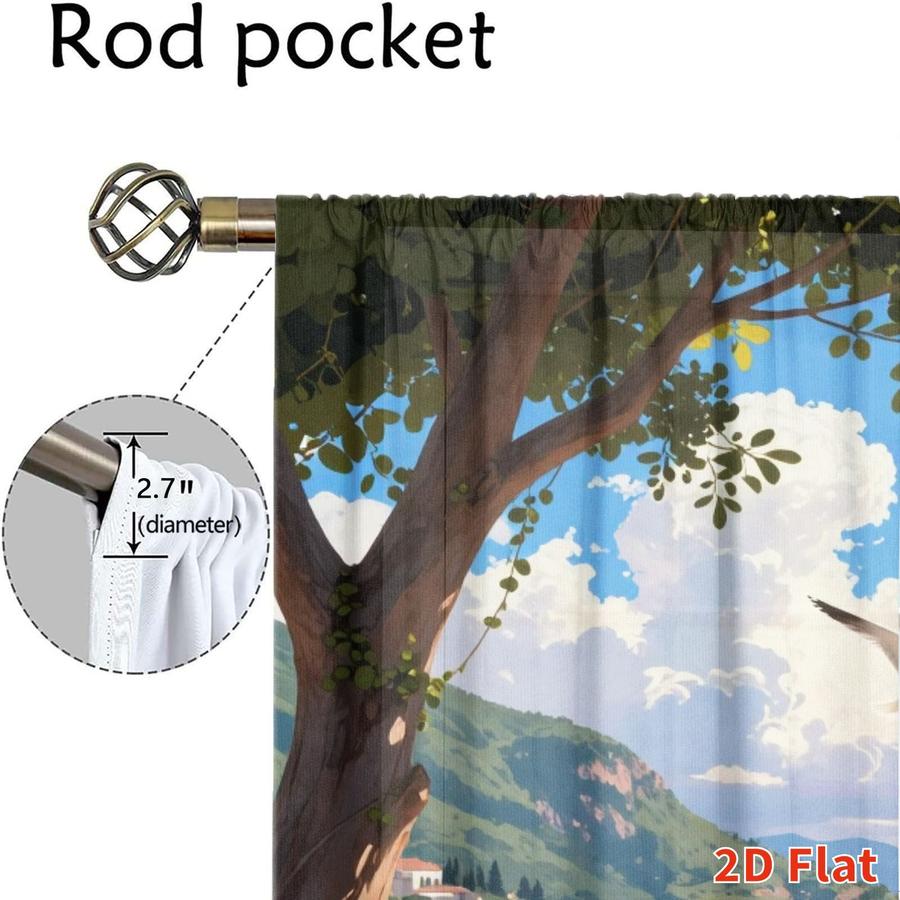 2Pcs Mediterranean Coastal Seascape Seagull Balcony Pattern Sun Blocking Curtains Digital Printed Rod Pocket, Window Treatment For Bedroom Office Kitchen Living Room Study Home Decor