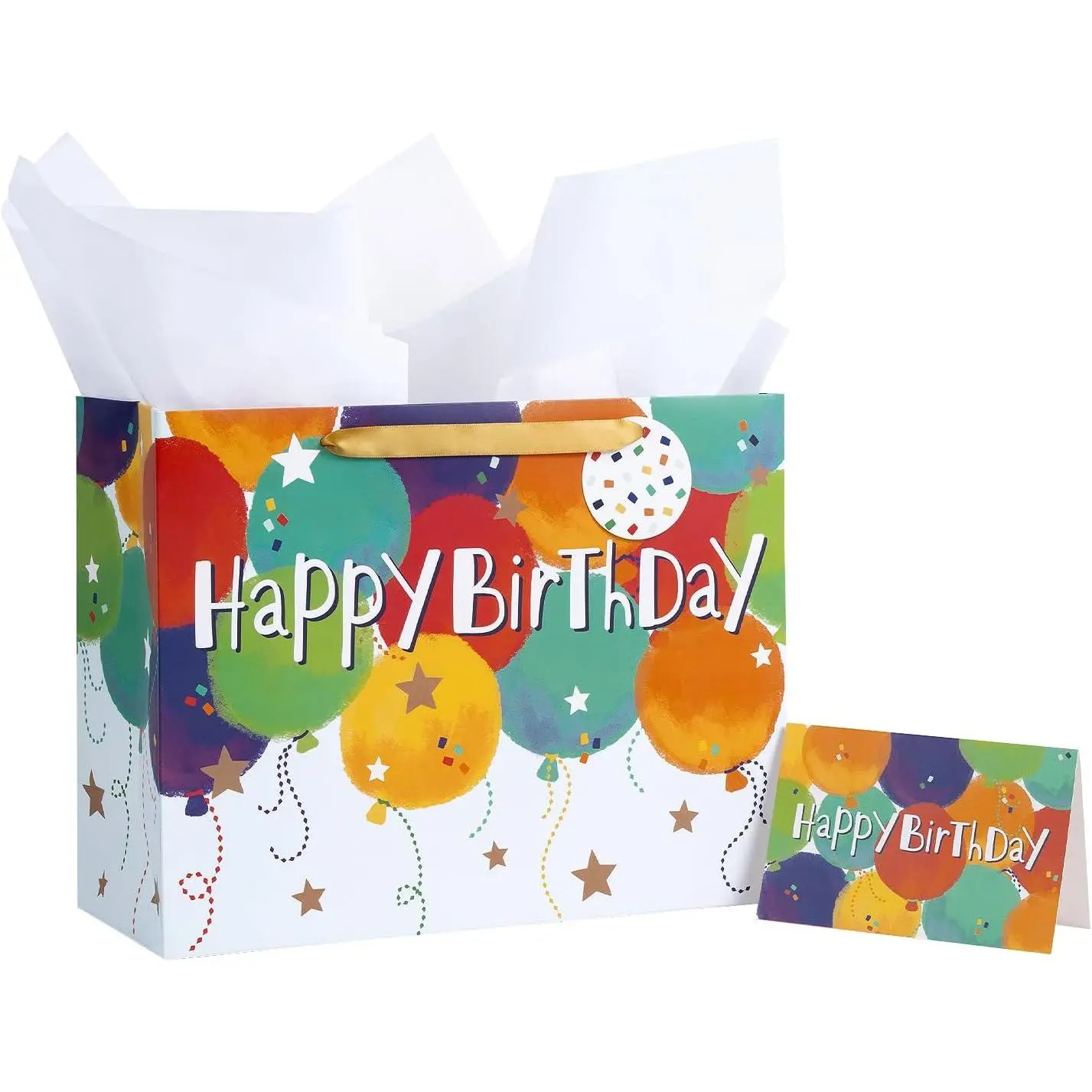 Colorful Birthday  Bag, Balloons  with HAPPY BIRTHDAY Text, Matching Tissue Paper, Greeting Card and Tag, Ideal for ' Birthday Gifts, 13" x 5" x 10", 1 count