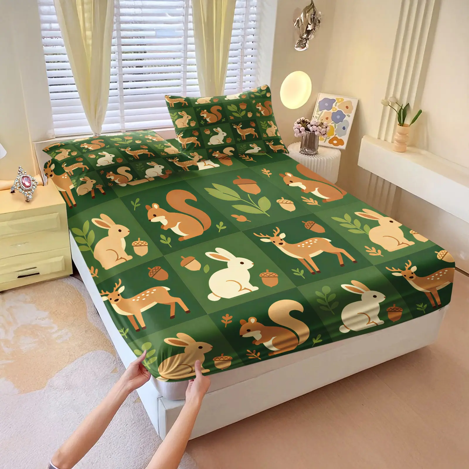 3 Pcs Soothing Animal Print Fitted Sheet Set, Snug Fit No Shifting, For Renters & Homeowners, Easy Care Bedding (No Filler, No Pillowcases)