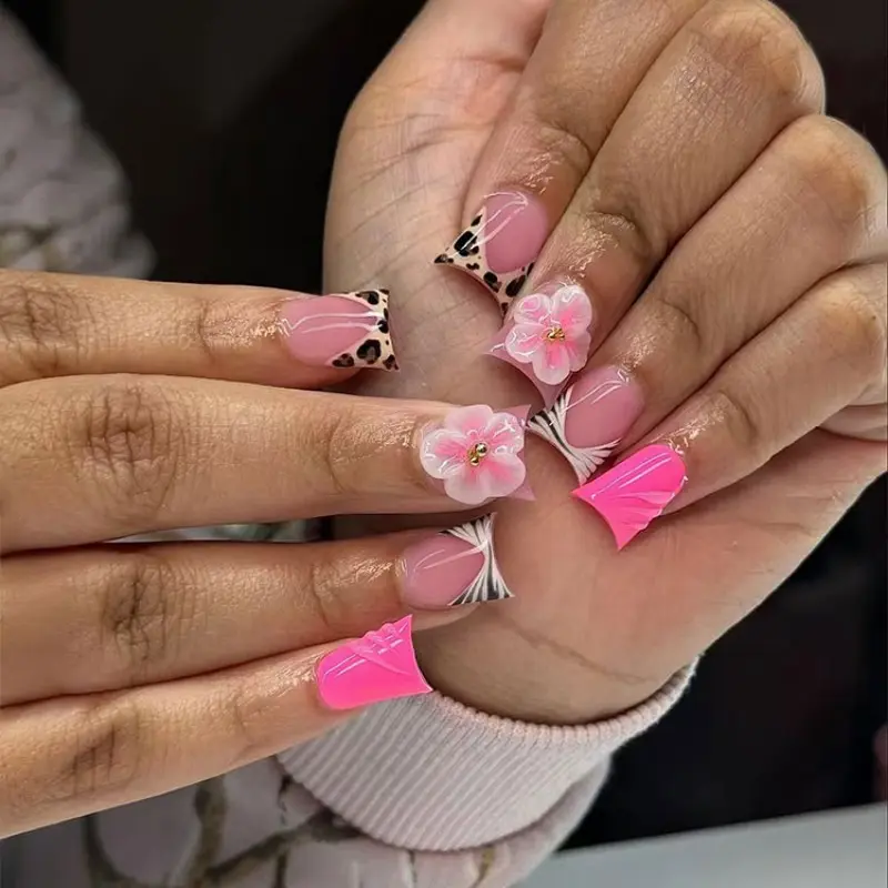 24pcs Duck Foot Nails, Fluorescent French Edge, French Tip Nails, 3D Gel Clear Flower Design, Medium Size, Summer Nail Art Set for Women and Girls