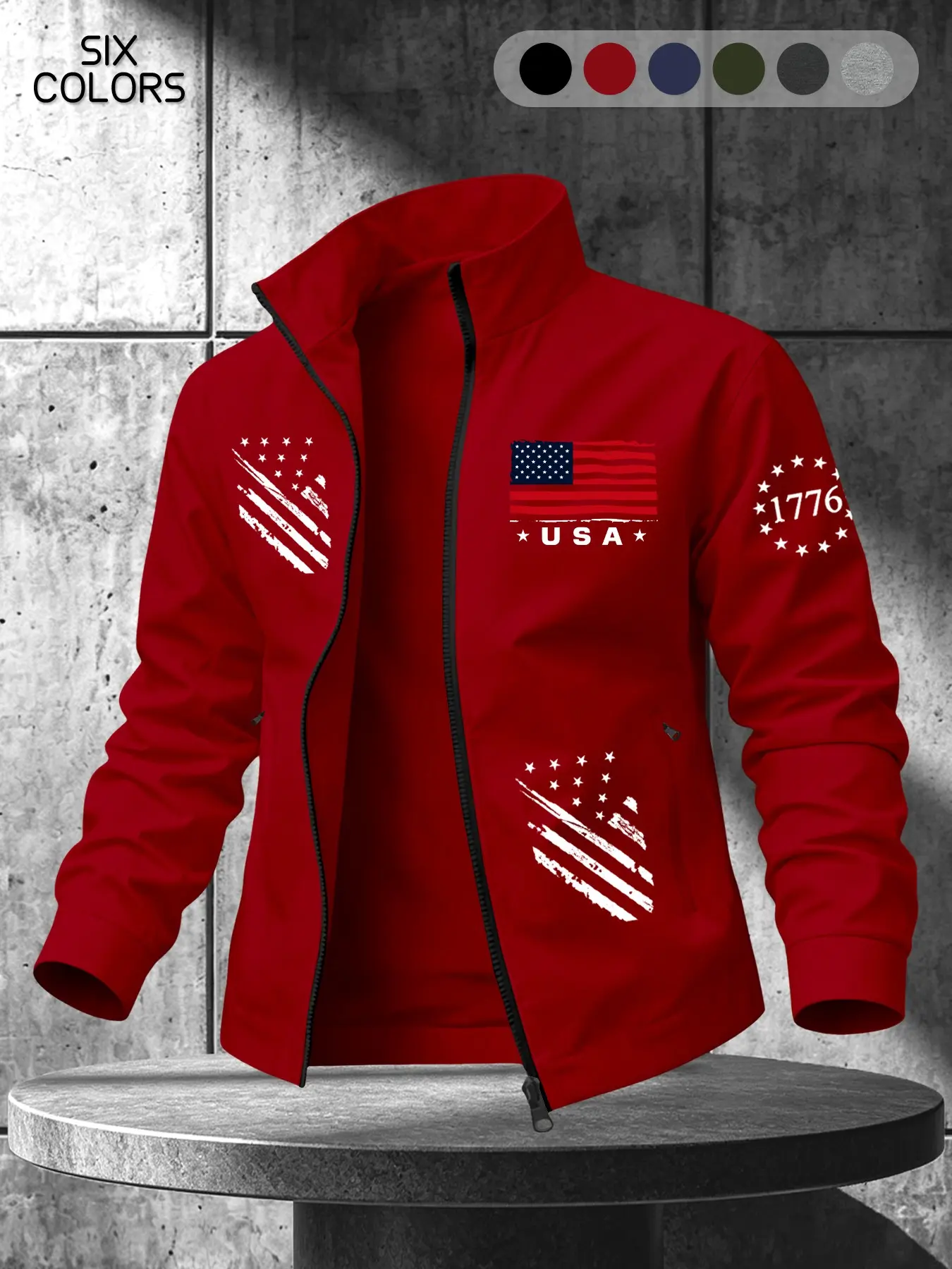 Men's Usa Flag Retro Vintage Lapel Jacket, Six Colors Casual Zipper Outerwear, Daily and Festival Wear, Long Sleeve Fitted Sporty Style