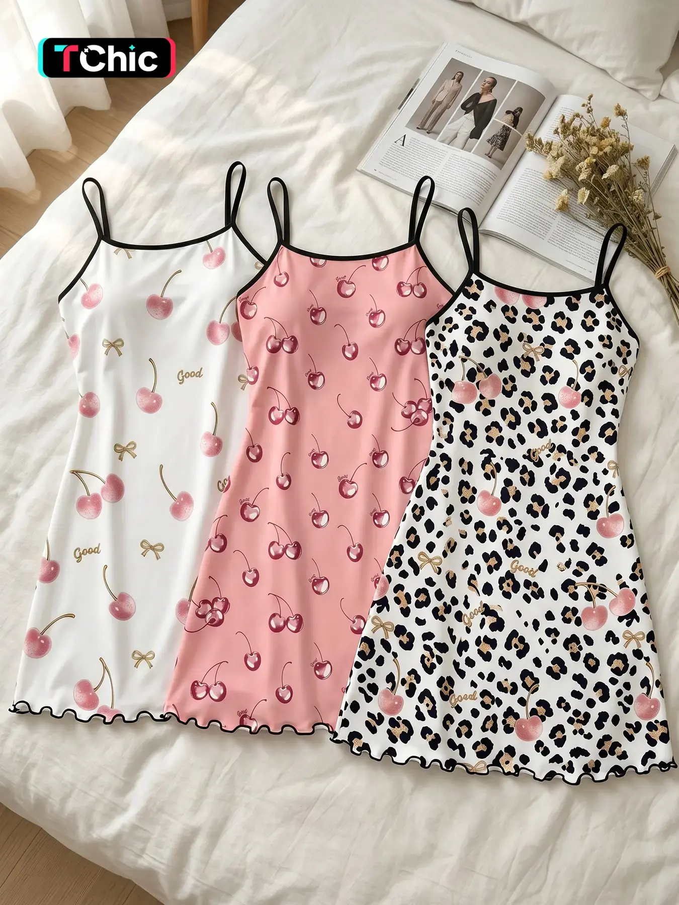 Women's 3 Pack Slip Sleeveless Nightgowns, All Season Wear, Cherry Leopard Print Ruffle Hem, Cherry Girl Aesthetic Style, Loose Fit, Breathable, For Daily Home Wear, Casual Wear And Home Office