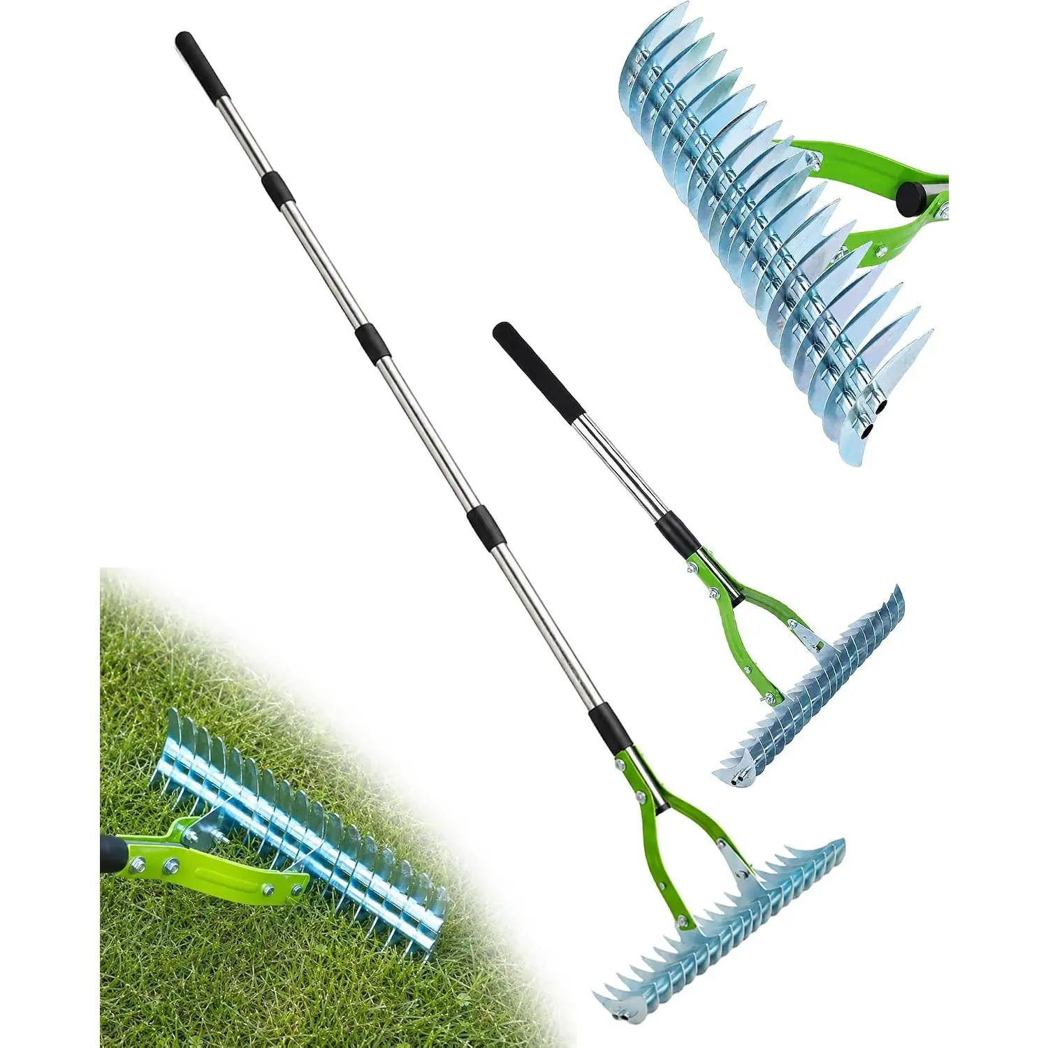 Thatch Rake, 70" Adjustable Steel Handle Dethatching Rake with 19 Tines -Sided , Heavy  Dethatcher Rake for Removing  Grass, Thatch, Leaves & Soil Loosening