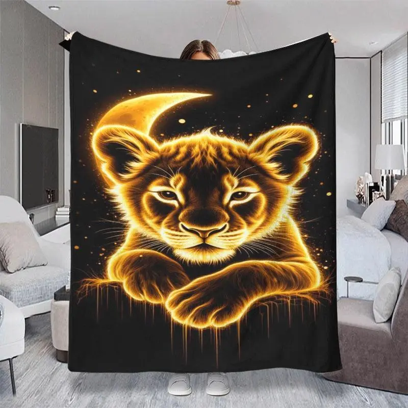 2D Flat Print (Non 3D) Glowing Golden Lion Cub & Crescent Moon Throw Blanket, Soft Warm Cozy Nap Blanket in Multi-Colors with Multiple Specifications Available, Ideal for Sofa, Couch and Indoor Daily Leisure Use