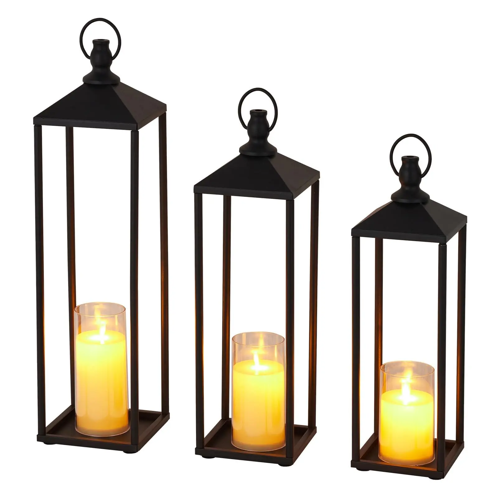 GARVEE Large Black Metal Candle Lantern Set (17in-19in-22in) with Flameless LED Pillar Lights, Hanging Farmhouse Decor Light, Indoor-Outdoor Furniture Accessory for Patio Home, Halloween Gift, Bedroom, Warm
