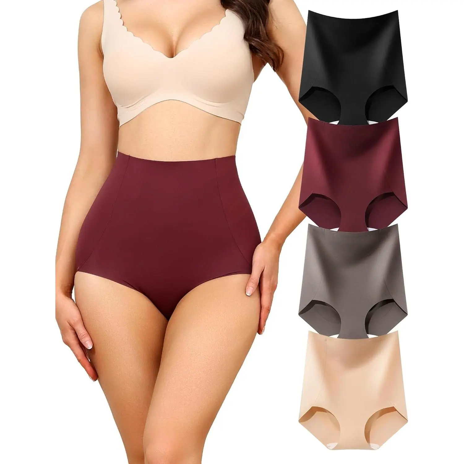Women's High-Waisted Tummy Control Seamless Knitting Fabric Panties - Smooth Fit, Postpartum & Everyday Comfort 4-Pack Gift, Panty