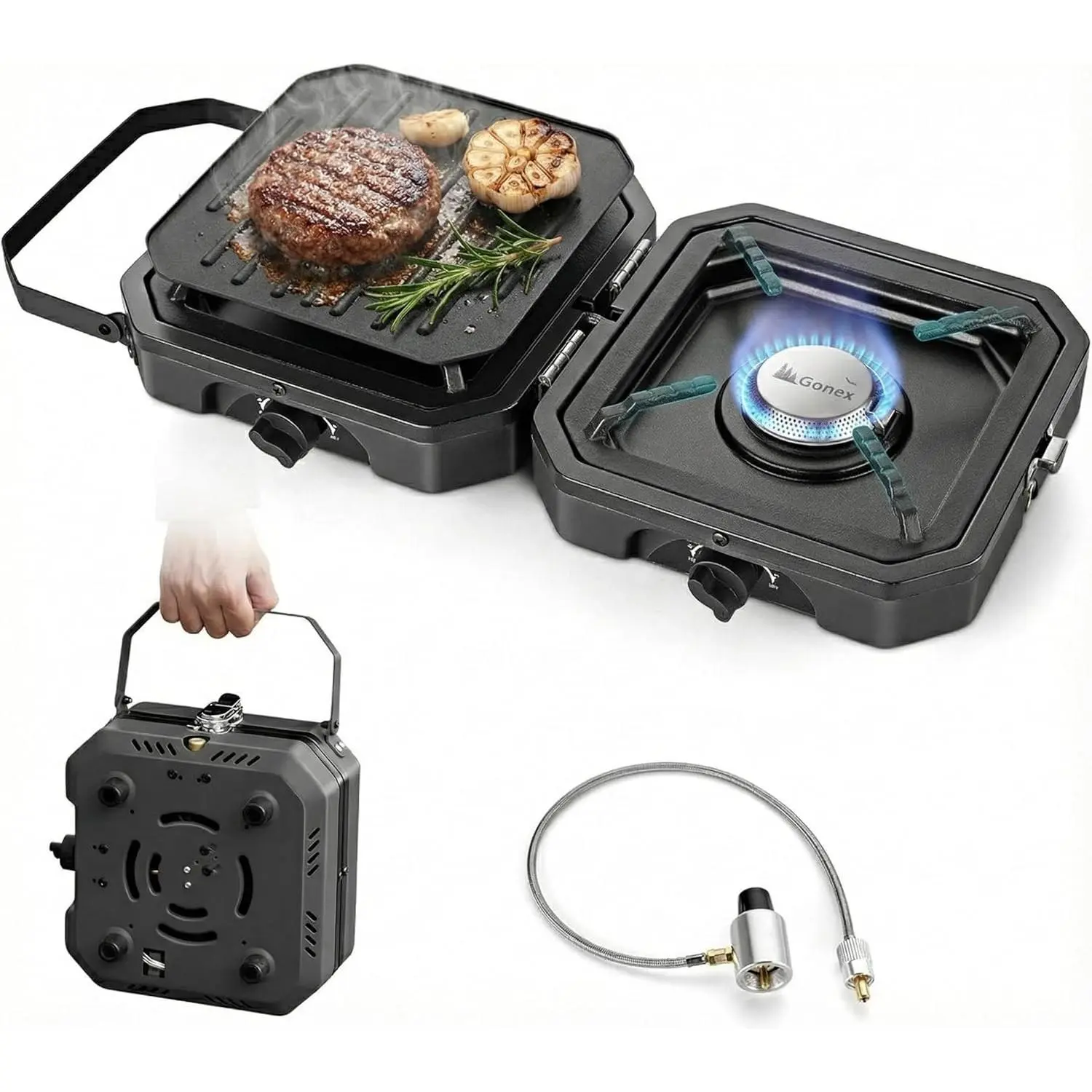2 Burner Propane Camping Stove with Griddle & Grates, Portable Foldable Cooking Stove with Total 16,000 BTU, Two Piezo Ignition Adjustable Burners  Camping, Patio, Emergency, Hiking (Black)