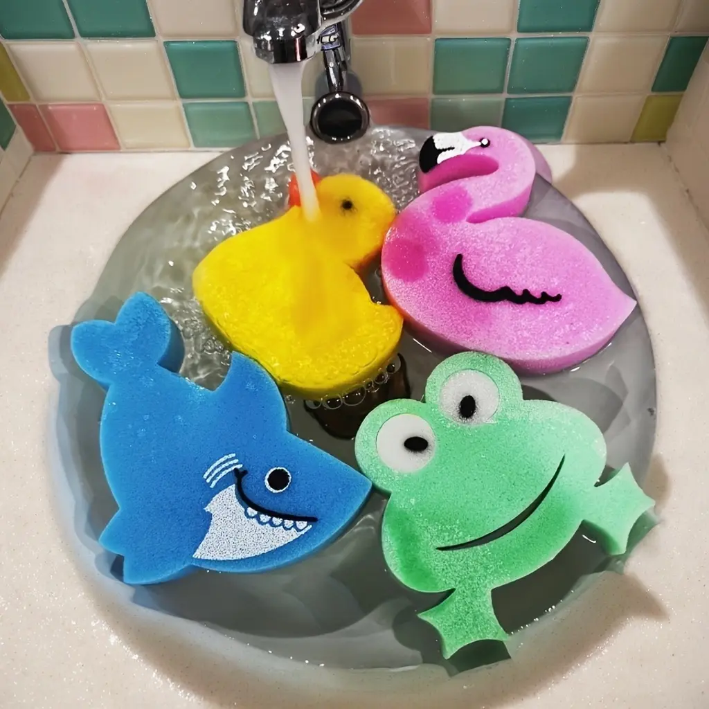4-Pack Cute Animal Sponge Set - Shark, Frog & Duck Shapes |   Soft Polyurethane Scrubbers for Bathroom, Kitchen & Outdoor |   Gentle on Surfaces, Multipurpose & Durable