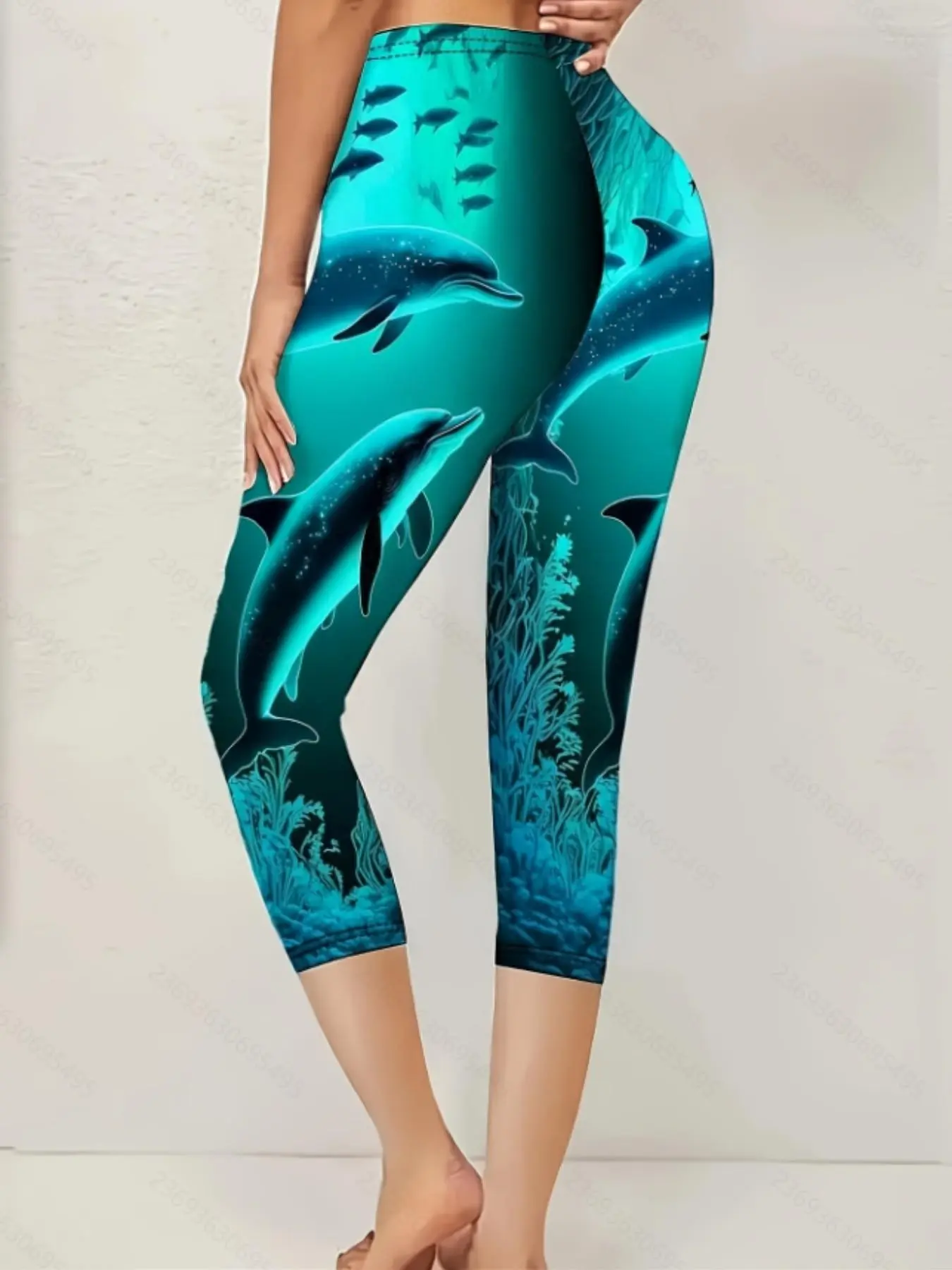 Women's Ocean Print Leggings, Sporty Casual Tight Fit Pants, Outdoor Yoga Capri Pants, Fashionable Athletic Wear for Women