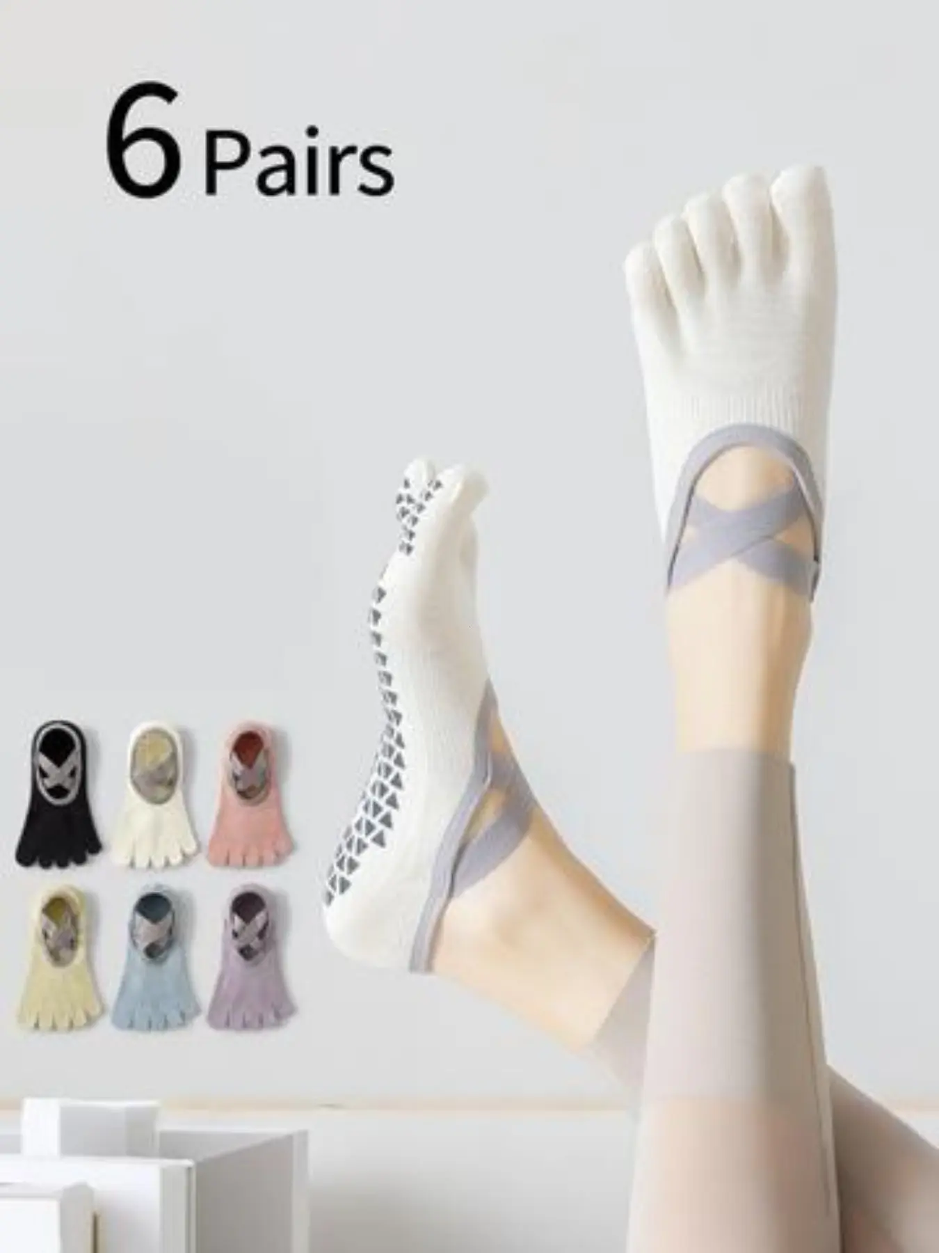 6 Pairs Women's Yoga Socks, Elastic Band Five-Finger, Anti-Slip, Breathable, Antibacterial, Sporty, Fitted, All Seasons